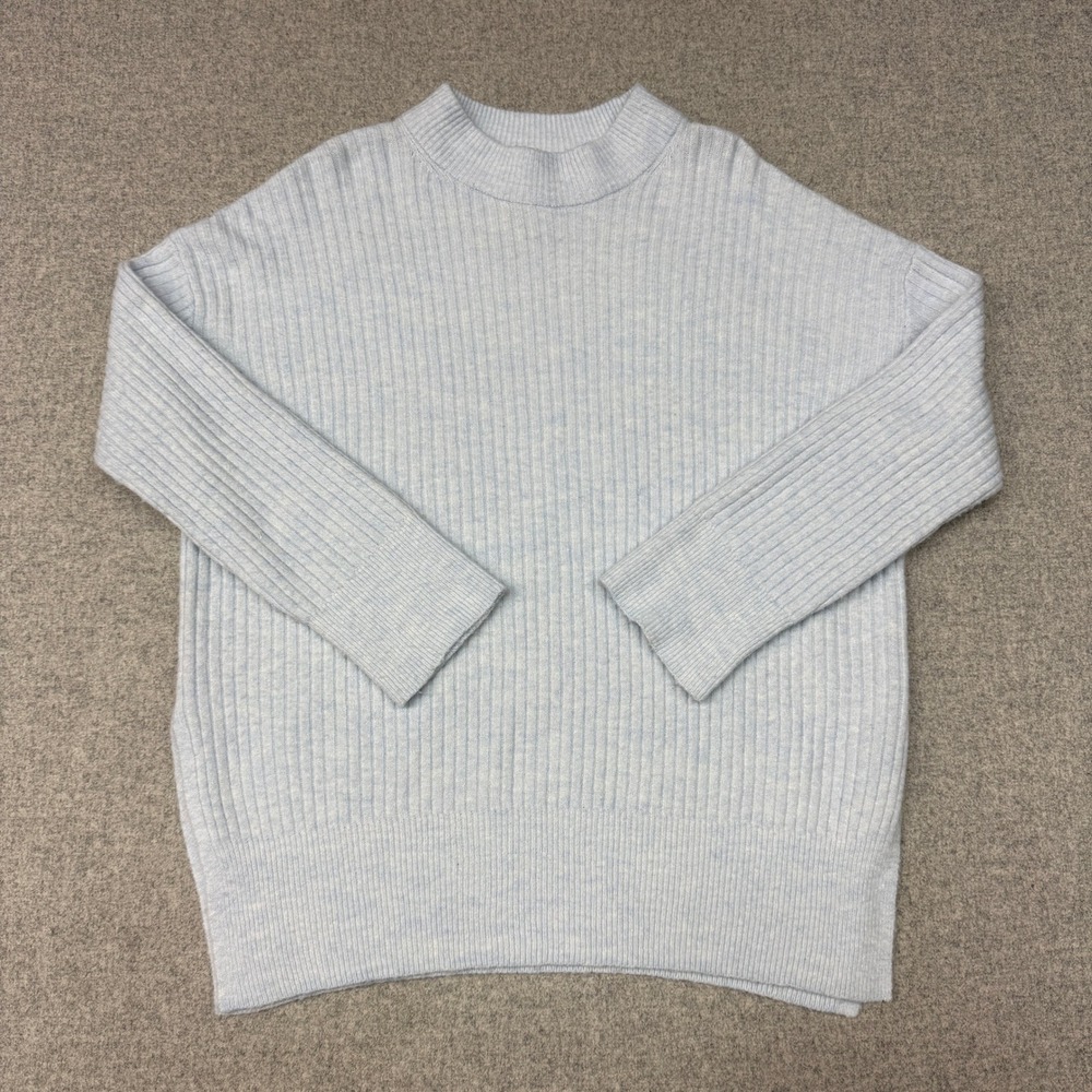 H&M | Ribbed Mock Neck Sweater | XS | Light Blue |Oversized Side Slit Wool Blend